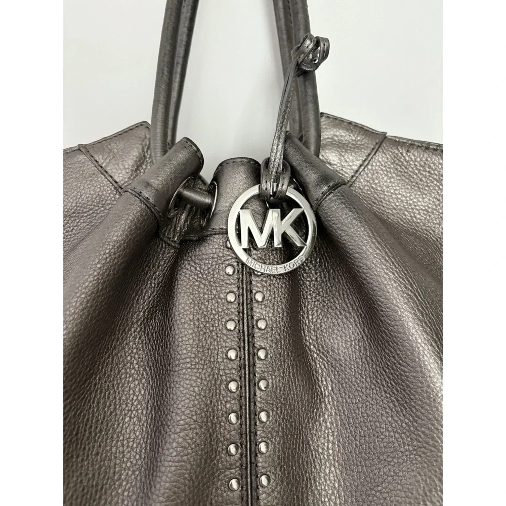Michael Kors Metallic Pewter Pebbled Leather Studded Double Handle Tote Handbag